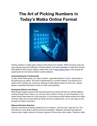 The Art of Picking Numbers in Today’s Matka Online Format