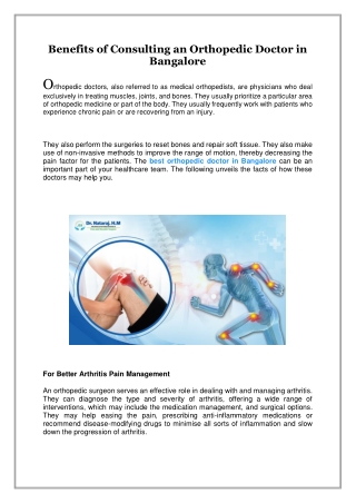 Benefits of Consulting an Orthopedic Doctor in Bangalore