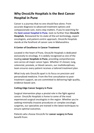 OncoLife Hospitals – Leading Cancer Hospital in Pune