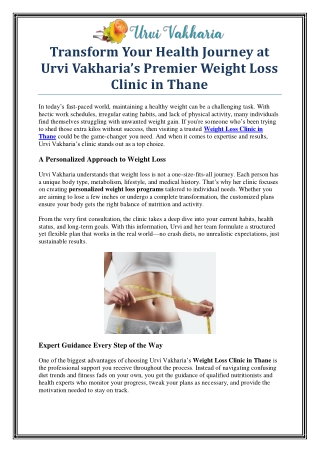 Best Weight Loss Clinic in Thane by Urvi Vakharia – Personalized Wellness Plans