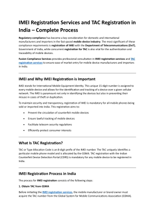 IMEI Registration Services and TAC Registration in India