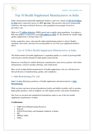 Top 10 Health Supplement Manufacturers in India