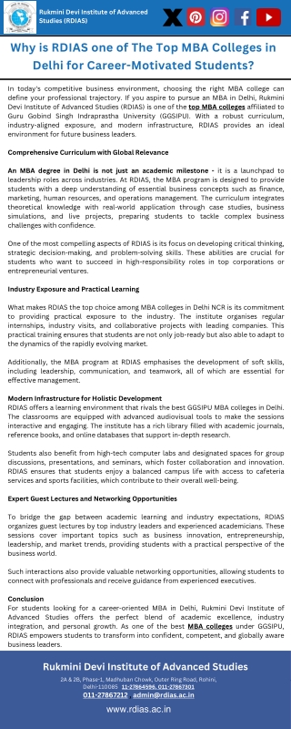 Why is RDIAS one of The Top MBA Colleges in Delhi for Career-Motivated Students