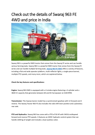 Check out the details of Swaraj 963 FE 4WD and price in India
