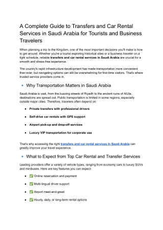A Complete Guide to Transfers and Car Rental Services in Saudi Arabia for Tourists and Business Travelers