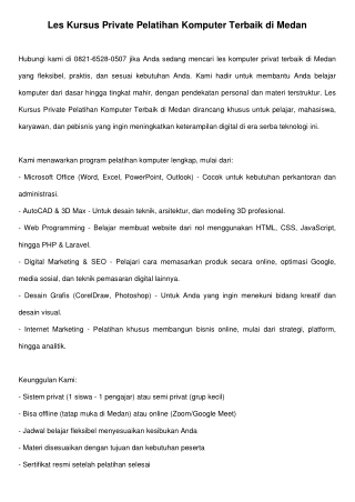 Les Kursus Private Pelatihan Komputer Terbaik di Medan – Belajar Mudah, Cepat