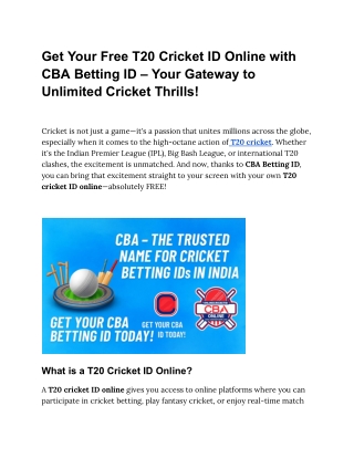 Get Your Free T20 Cricket ID Online with CBA Betting ID – Your Gateway to Unlimited Cricket Thrills!
