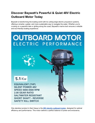 Discover Baywatt’s Powerful & Quiet 48V Electric Outboard Motor Today