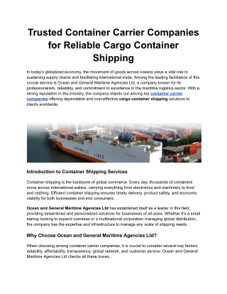 Leading Short Sea Shipping Company | Ocean And General Maritime Agencies Ltd