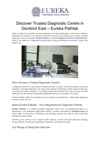 Discover Trusted Diagnostic Centre in Dombivli East – Eureka Pathlab
