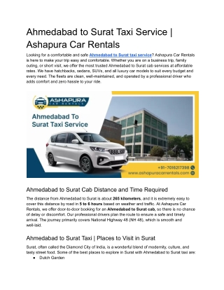 Ahmedabad to Surat Taxi Service