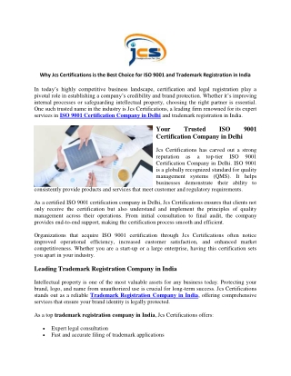 Why Jcs Certifications is the Best Choice for ISO 9001 and Trademark Registration in India