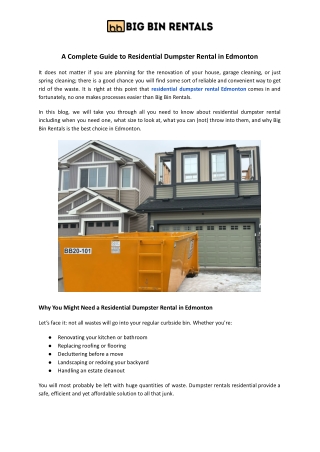 Residential Dumpster Rental Edmonton – Big Bin Rentals
