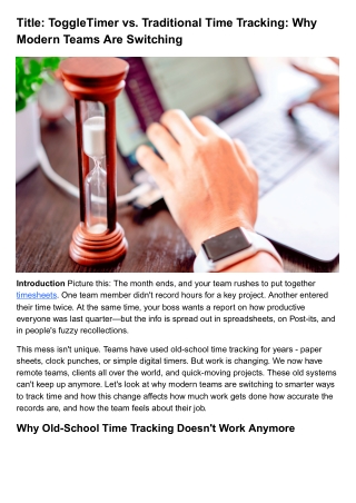 ToggleTimer vs. Traditional Time Tracking: Why Modern Teams Are Switching