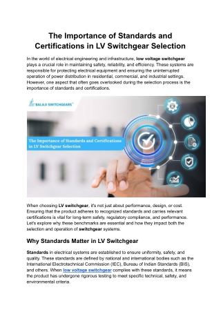 The Importance of Standards and Certifications in LV Switchgear Selection