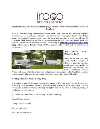 Transform Your Special Events with IROCO Design for Rent  Premier Furniture Rental Services in Hong Kong