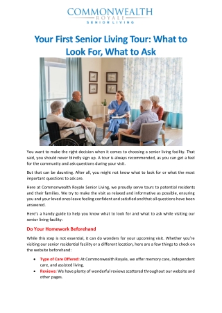 Your First Senior Living Tour: What to Look For, What to Ask