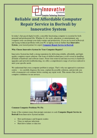 Reliable Computer Repair Service in Borivali – Innovative System