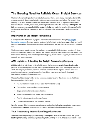 The Growing Need for Reliable Ocean Freight Services