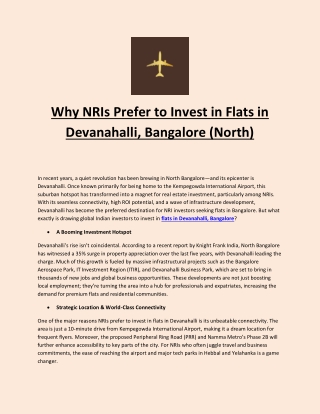 Why NRIs Prefer to Invest in Flats in Devanahalli, Bangalore(North)