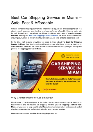 Best Car Shipping Service in Miami – Safe, Fast & Affordable