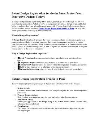 Patent Design Registration Service in Pune: Protect Your Innovative Designs Toda