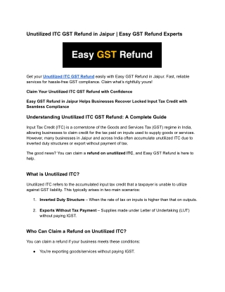 Unutilized ITC GST Refund in Jaipur  Easy GST Refund Experts