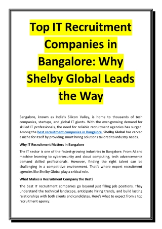 Top IT Recruitment Companies in Bangalore - Why Shelby Global Leads the Way