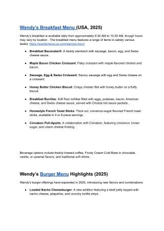 Wendy’s Breakfast Menu (USA, 2025)