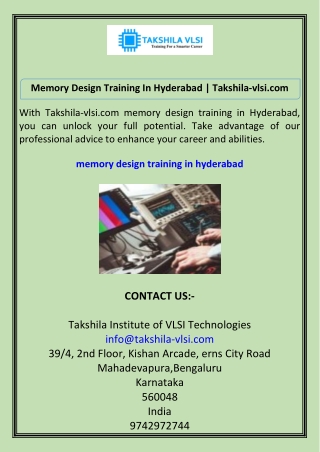 Memory Design Training In Hyderabad  Takshila-vlsi.com