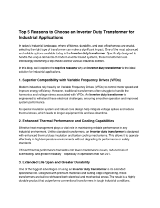Top 5 Reasons to Choose an Inverter Duty Transformer for Industrial Applications