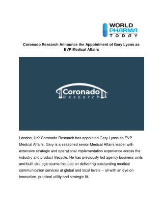 Coronado Research Announce the Appointment of Gary Lyons as EVP Medical Affairs