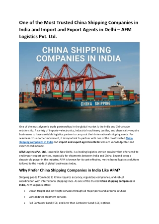 One of the Most Trusted China Shipping Companies in India and Import and Export Agents in Delhi