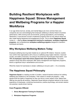 Building Resilient Workplaces with Happiness Squad_ Stress Management and Wellbeing Programs for a Happier Workforce