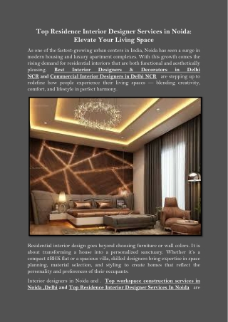 Top Residence Interior Designer Services in Noida Elevate Your Living Space