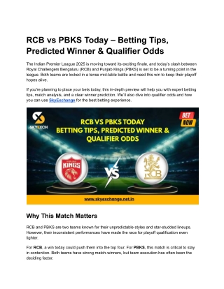 RCB vs PBKS Today – Betting Tips, Predicted Winner & Qualifier Odds