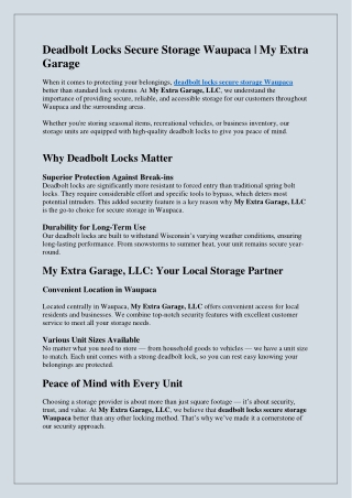 Deadbolt Locks Secure Storage Waupaca | My Extra Garage