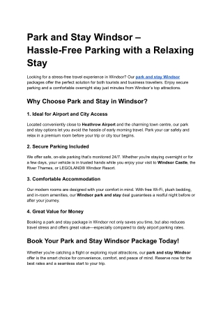 Park and Stay Windsor – Hassle-Free Parking with a Relaxing Stay
