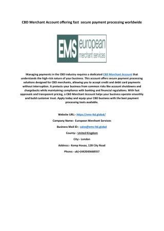 CBD Merchant Account offering fast  secure payment processing worldwide