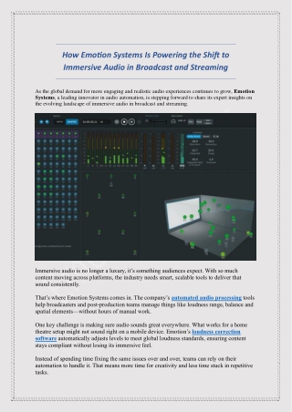 How Emotion Systems Is Powering the Shift to Immersive Audio in Broadcast and Streaming
