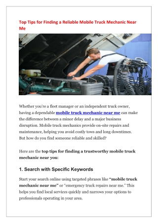 Top Tips for Finding a Reliable Mobile Truck Mechanic Near Me