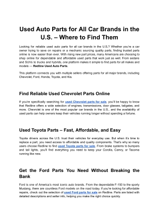 Used Auto Parts for All Car Brands in the U.S