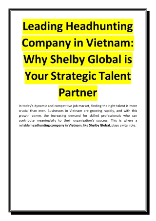 Leading Headhunting Company in Vietnam - Why Shelby Global is Your Strategic Talent Partner