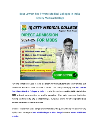 Best Lowest Fee Private Medical Colleges in India