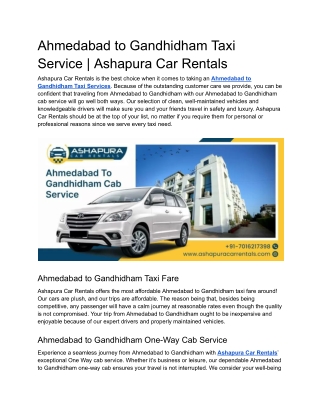 Ahmedabad to Gandhidham Taxi Service _ Ashapura Car Rentals