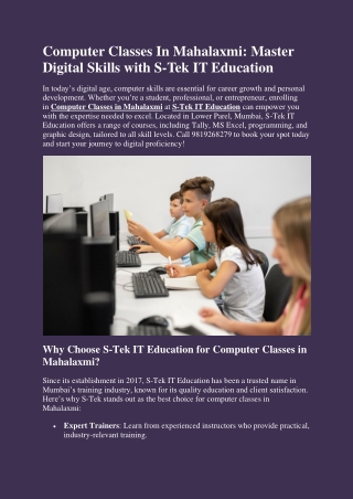 computer classes in mahalaxmi master digital