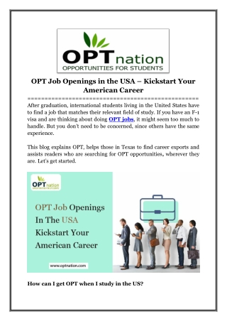 OPT Job Openings in USA – Kickstart Your American Career
