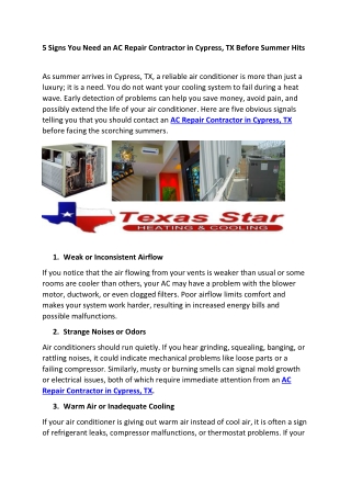 5 Signs You Need an AC Repair Contractor in Cypress, TX Before Summer Hits