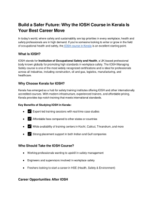 Build a Safer Future: Why the IOSH Course in Kerala Is Your Best Career Move
