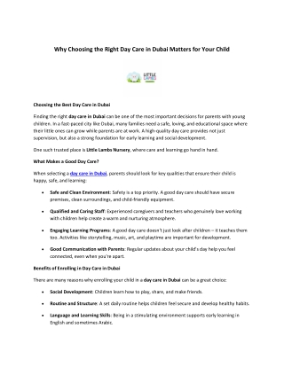 Why Choosing the Right Day Care in Dubai Matters for Your Child